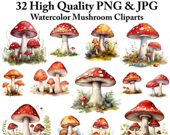 Watercolor Mushroom Clipart: Fantasy Forest Art (PNG, JPG, Instant Download)