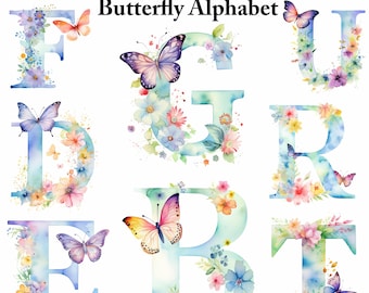 Clipart alfabeto farfalla pastello - Lettere floreali acquerellate per artigianato, scrapbooking e design a sublimazione, download digitale
