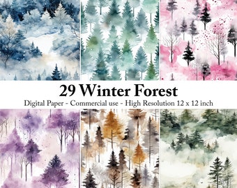 Watercolor Winter Forest Patterns: Shabby Chic Digital Paper (Commercial Use)