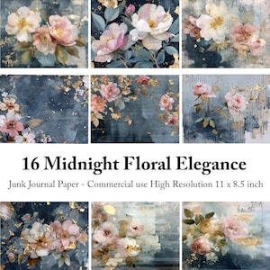 Midnight Floral Elegance Junk Journal Paper | Printable Blue & Gold Ephemera | Vintage Flowers Digital Kit, Blue Botanical Gold Foil Paper