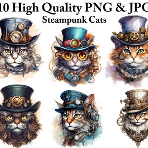 Watercolor Steampunk Cat Clipart Bundle for Digital Download Art, Printable Junk Journal Kit, Cat Lover