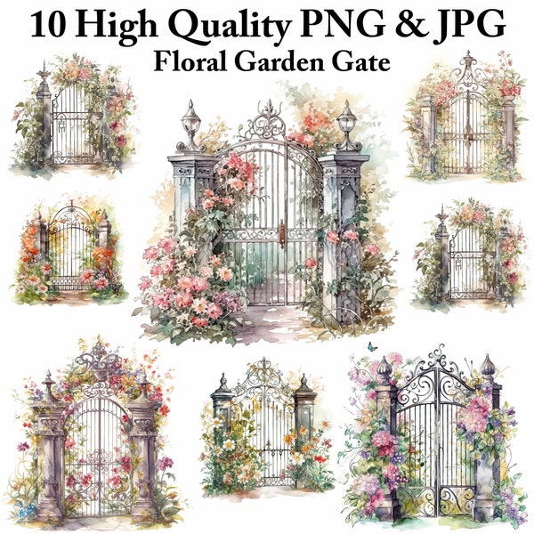 Vintage Rose Gate Watercolor Clipart - Romantic Garden, Watercolor garden gates, clipart bundle, digital download