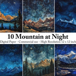 Puede incluir: Diez diseños de papel digital con ilustraciones de acuarela de montañas de noche con un cielo estrellado. Cada diseño mide 30,5 cm por 30,5 cm.