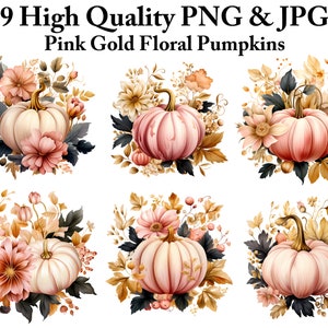 Autumn Pink Pumpkin Watercolor Clipart, Fall Floral Pumpkin Clipart PNG, Fall Clipart, Paper craft - Junk Journal, Scrapbooking