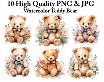 Clipart di orsacchiotti ad acquerello: immagini PNG soffici, uso commerciale (download digitale)