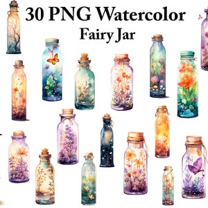 30 PNG Aquarell Fee Gläser Clipart Set, Fantasy Clipart, Märchen magische Mystery Einmachgläser Clip Art Png Bundle, Junk Journal Seite