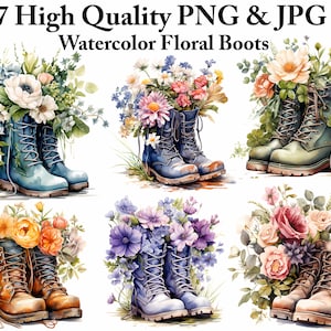 7 Kwiatowe Buty Clipart Bundle Kwiat Clip art Akwarela Piesze wycieczki Clipart JPG PNG Bundle Ogrodnictwo Buty Sublimacja Projekt Ogród clipart