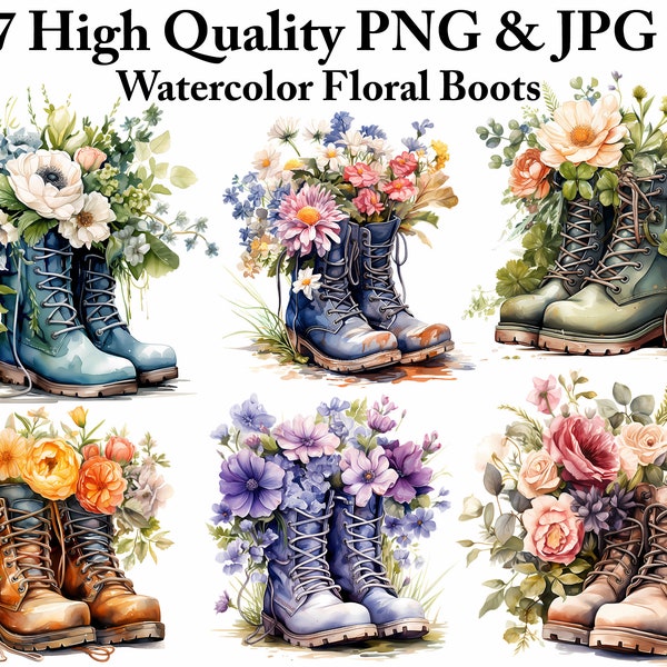 7 Floral Boots Clipart Bundle Flower Clip art Watercolor Hiking Clipart JPG PNG Bundle Gardening Boot Sublimation Design Garden clipart