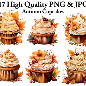 17 Autumn Cupcake Clipart PNG Bundle Autumn Clip Art Fall Clipart Floral Cupcakes, conjunto de clipart de sobremesa, sublimação de sobremesa de padaria floral
