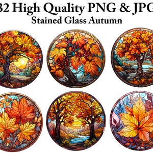Stained Glass Autumn Clipart Bundle: Fall Leaves, Trees (PNG)