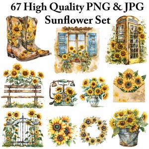 Watercolor Sunflower Clipart Bundle: Rustic Floral PNG Images (Digital Download, 67 Images, 4096x4096 px )