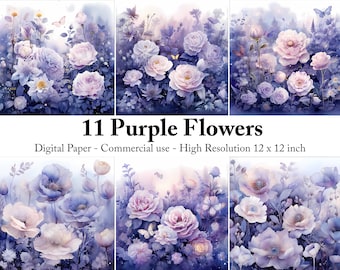 Purple Flowers Watercolor Digital Paper: Fairytale Scrapbook (Digital Download)