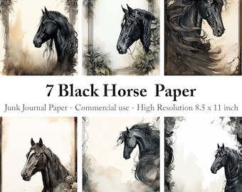 May include: Seven digital papers featuring black horses in various poses against a watercolor background. The papers are designed for junk journaling and are 8.5 x 11 inches.
