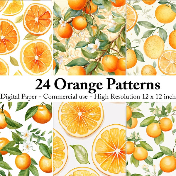 Vibrant Citrus Symphony | 24 Orange Digital Papers | Refreshing Fruit Patterns | High-Resolution Citrus Designs | Commercial Use