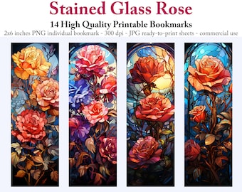 Stained Glass Rose Bookmarks: Printable Floral Art (Digital Download)