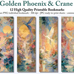 Gouden feniks en kraanvogel bladwijzerset | 11 aquarel printables vogel- en zonlandschap, kortstondige mythische natuur