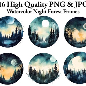 16 PNG Watercolor Night Forest Frame Clipart Watercolor forest art Woodland landscape forest at night Forest and Moon printable Art Clip Art