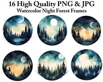 Watercolor Night Forest Frame Clipart: Woodland Art (PNG)