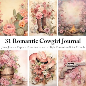 Cowgirl romantica, pagine di diario spazzatura, album, carte digitali romanticismo occidentale, diari spazzatura, fogli di collage, kit digitale vintage stampabile
