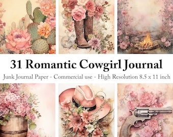 May include: A set of 31 digital papers featuring romantic cowgirl themes. The papers include images of pink flowers, cowboy boots, a cactus, a cowboy hat, a gun, and a campfire. The papers are designed for use in junk journals and other craft projects.