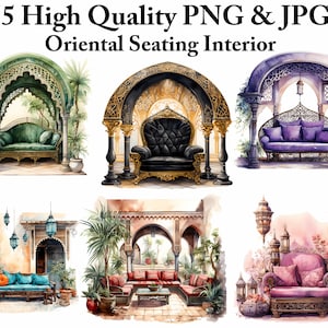 55 Watercolor Oriental Seating Interior Clipart Vintage Sofa Seating Area Clip Art Bohemian Room Interior Cozy Nook Boho furniture