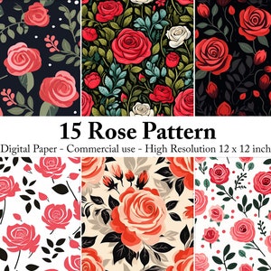 Rose Pattern Digital Paper Pack | Seamless Floral Backgrounds for Scrapbooking Crafts, Junk Journals Digital Crafts | Commercial Use