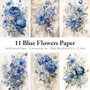 Carta digitale stampabile con fiori blu, sfondo floreale, cartoline floreali, kit diario spazzatura, scrapbooking fantasy, download istantaneo