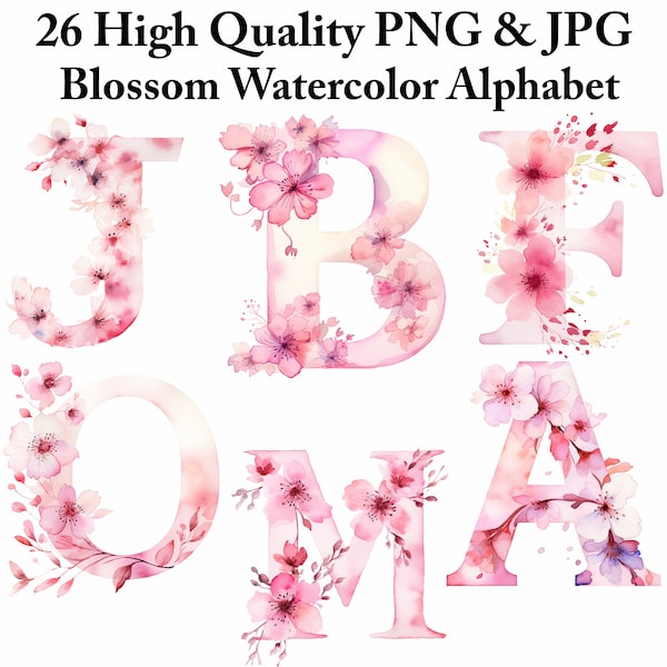 Cherry Blossom Watercolor Alphabet - Floral Spring Letters Clipart Set for Sublimation and Crafts, Printables Flowers Bundle, Commercial Use