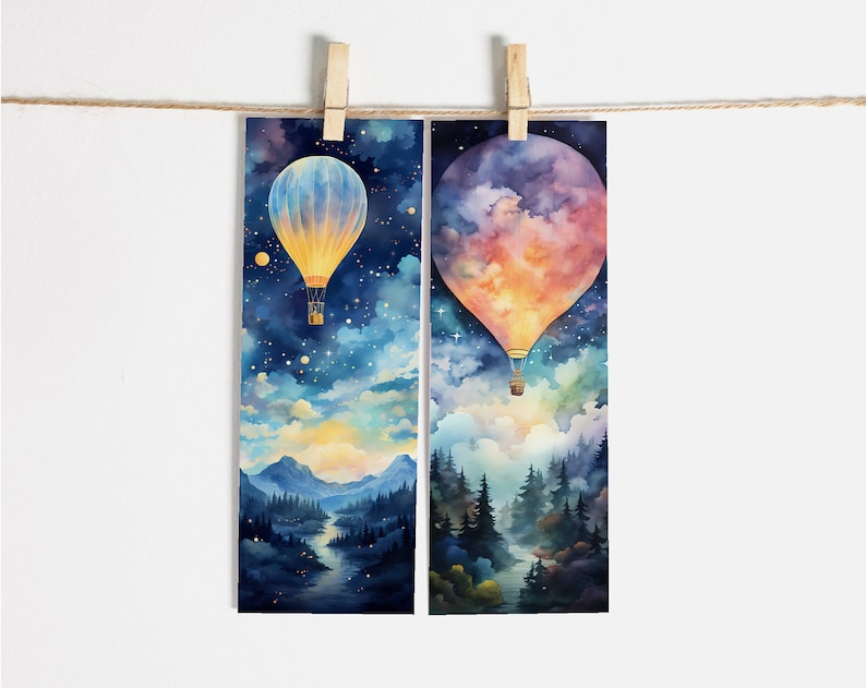 23 Watercolor Hot Air Balloon Night Printable Bookmarks Digital ...