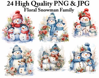 Pacchetto di clipart di una famiglia di pupazzi di neve ad acquerello: PNG invernale (download digitale)