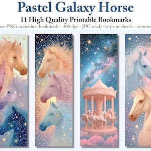 Może przedstawiać: Zestaw 11 wysokiej jakości, drukowanych zakładek do książek z pastelowymi wzorami koni galaktycznych. Każda zakładka ma wymiary 5,08 cm x 15,24 cm i przedstawia unikalną ilustrację konia na tle nieba. Tekst "Pastel Galaxy Horse" znajduje się na górze.
