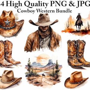 24 Aquarell Cowboy Western Clipart PNG Bundle Cowboy Stiefel Western Clipart Stiefel Clipart Cowgirl Bild, kommerzielle Nutzung, Junk Journal Kit