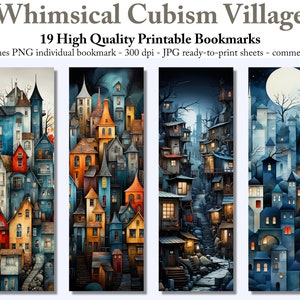 Segnalibri stampabili Whimsical Village Download digitale JPG Fogli segnalibro PNG segnalibro a sublimazione Stampa e taglia segnalibro