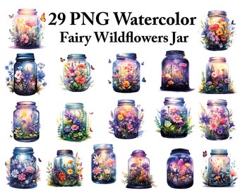 Watercolor Fairy Jars Clipart Set: Magical Mason Jar PNG Bundle