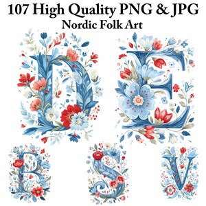 Clipart noordse volkskunst alfabet, decoratieve bloemenletters, Scandinavische monogram initialen, afdrukbare letterkunst, scrapbooking, sublimatie