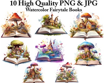 Clipart de libros de cuentos de hadas en acuarela: paquete PNG de libros abiertos