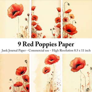 Papier imprimable coquelicots rouges pour journaux indésirables, collection unique de papiers numériques floraux vintage, journaux indésirables, scrapbooking et travaux manuels