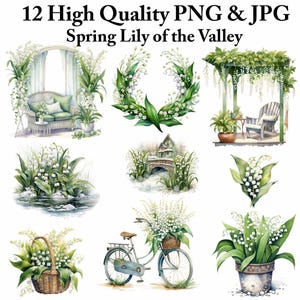 Lily of the Valley Watercolor Clipart: Spring Floral Wreaths & Bicycles (Digital Download)