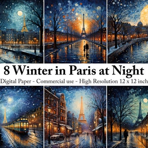 8 Watercolor Winter in Paris at Night Digital Paper, Snow City Background, Can Gogh Landscape Backdrop, Download Junk Journal, Scrapbooking