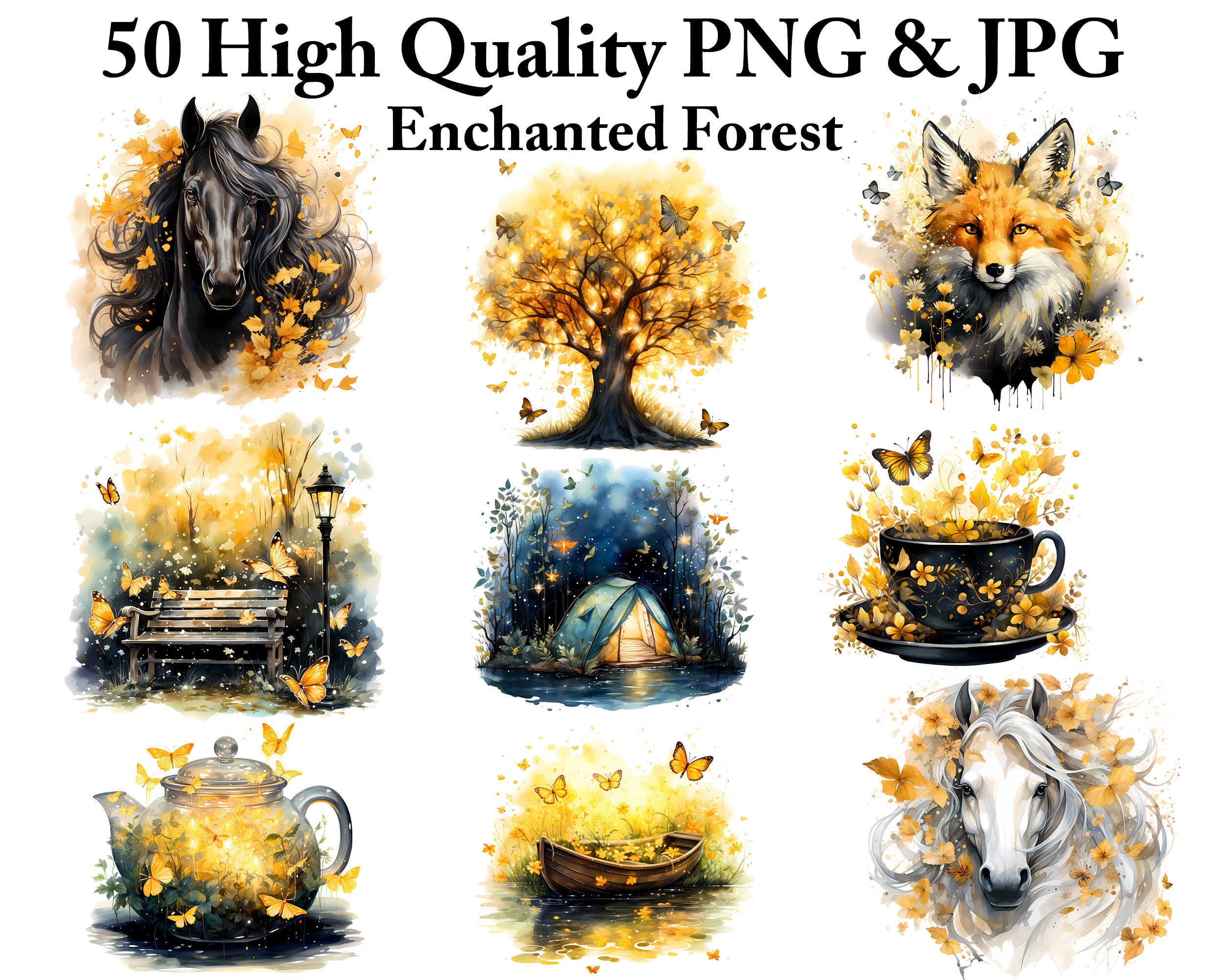 Watercolor Enchanted Forest Clipart: Fairy Garden PNG Bundle (digital ...