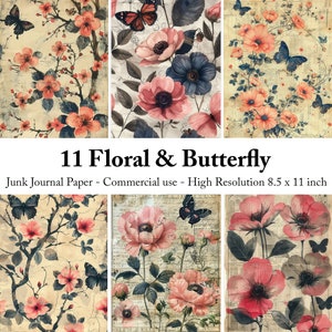 Vintage Floral & Butterfly Junk Journal Paper, Vintage Flowers Collage Sheets, Digital Paper Junk Journal Digital Kit Printable