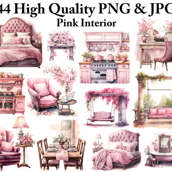 44 Watercolor Pink Interior Clipart PNG Bundle Interior Design Clip Art Decor Room JPG Pastel Cozy Corner Sublimation Design Junk Journals