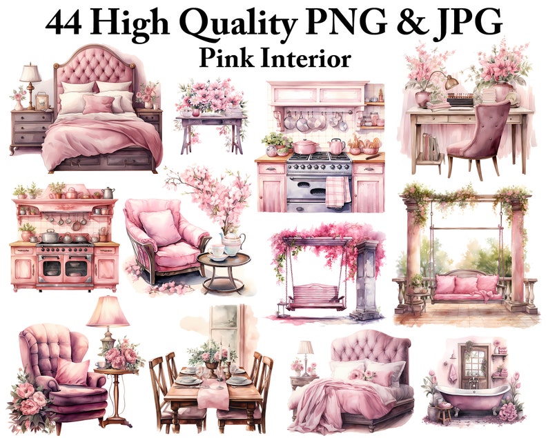 Watercolor Pink Interior Clipart: Feminine Room Decor (digital Download ...