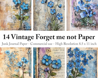 Peut inclure: Ensemble de 14 feuilles de papier vintage avec des myosotis bleus. Chaque feuille présente un collage avec des fleurs de myosotis bleues. Le papier mesure 21,59 x 27,94 cm et est destiné à un usage commercial. Le texte indique "14 Vintage Forget me not Paper".