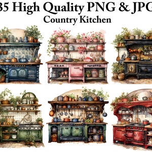 35 Watercolor Country Kitchen clipart, High Quality JPEGs and PNGs, Rustic vintage cottage clipart, printable graphics, commercial licence