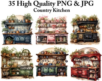 Watercolor Country Kitchen Clipart: Rustic Cottage Graphics (PNG, JPEG)