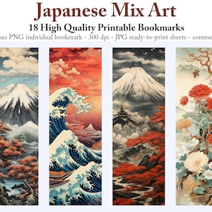 Japanese Mix Art Printable Bookmark: Hokusai Digital Download, Book Lover Gift, Instant Downdload