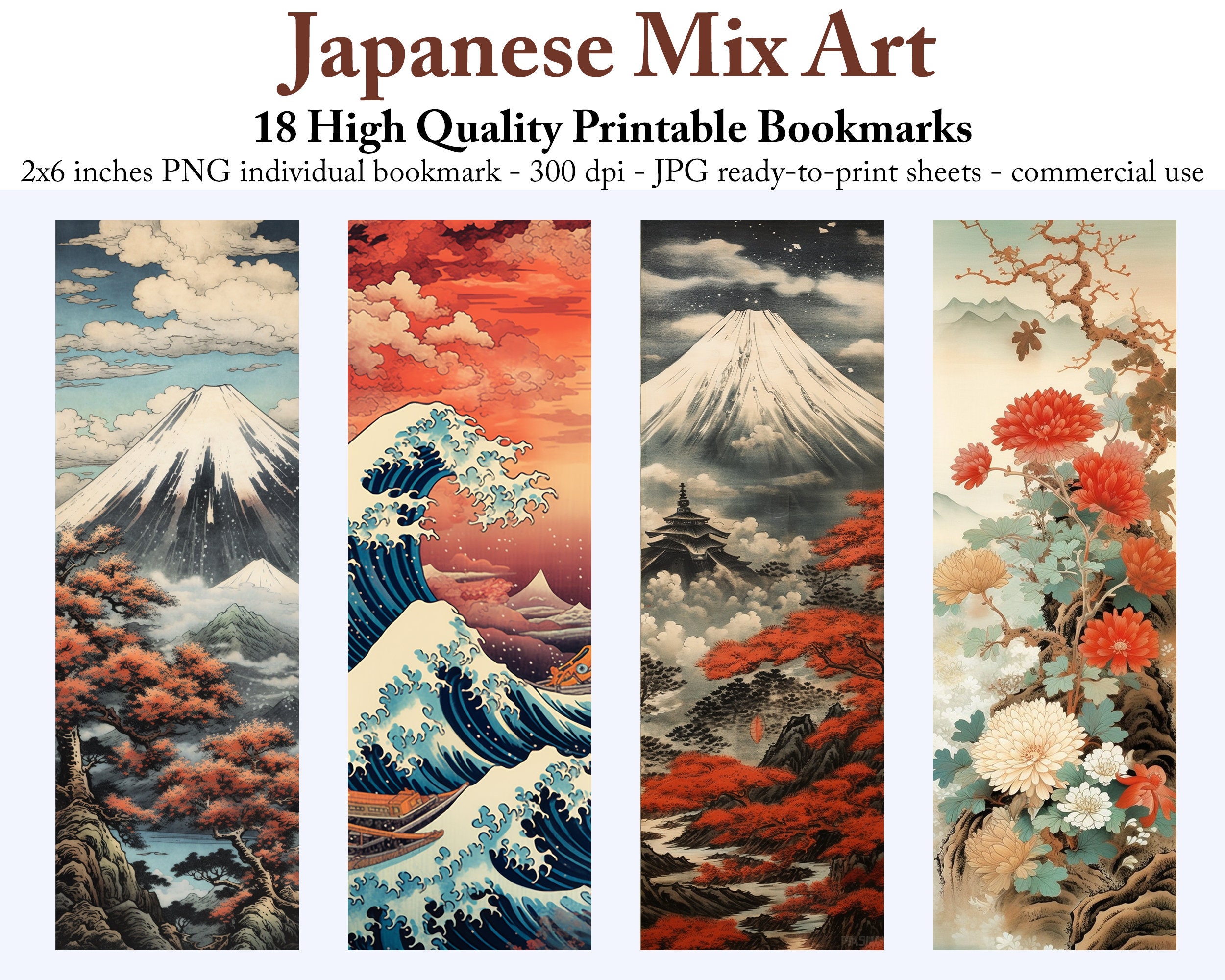 Japanese Mix Art Printable Bookmark: Hokusai Digital