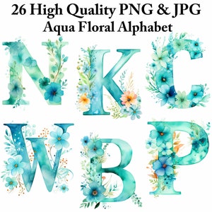Aqua Floral Alphabet - Conjunto de imágenes prediseñadas de letras florales de primavera para sublimación y artesanías, paquete de flores imprimibles, uso comercial