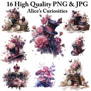Alice’s Curiosities Clipart Bundle – Wonderland Tea Party & Mad Hatter PNG, Vintage Floral Ephemera, Whimsical Wonderland Cliparts,